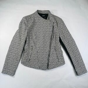 DKNY Asymmetrical Zip Moto Jacket Womens 10 Black White‎ Modern Fashion Blazer